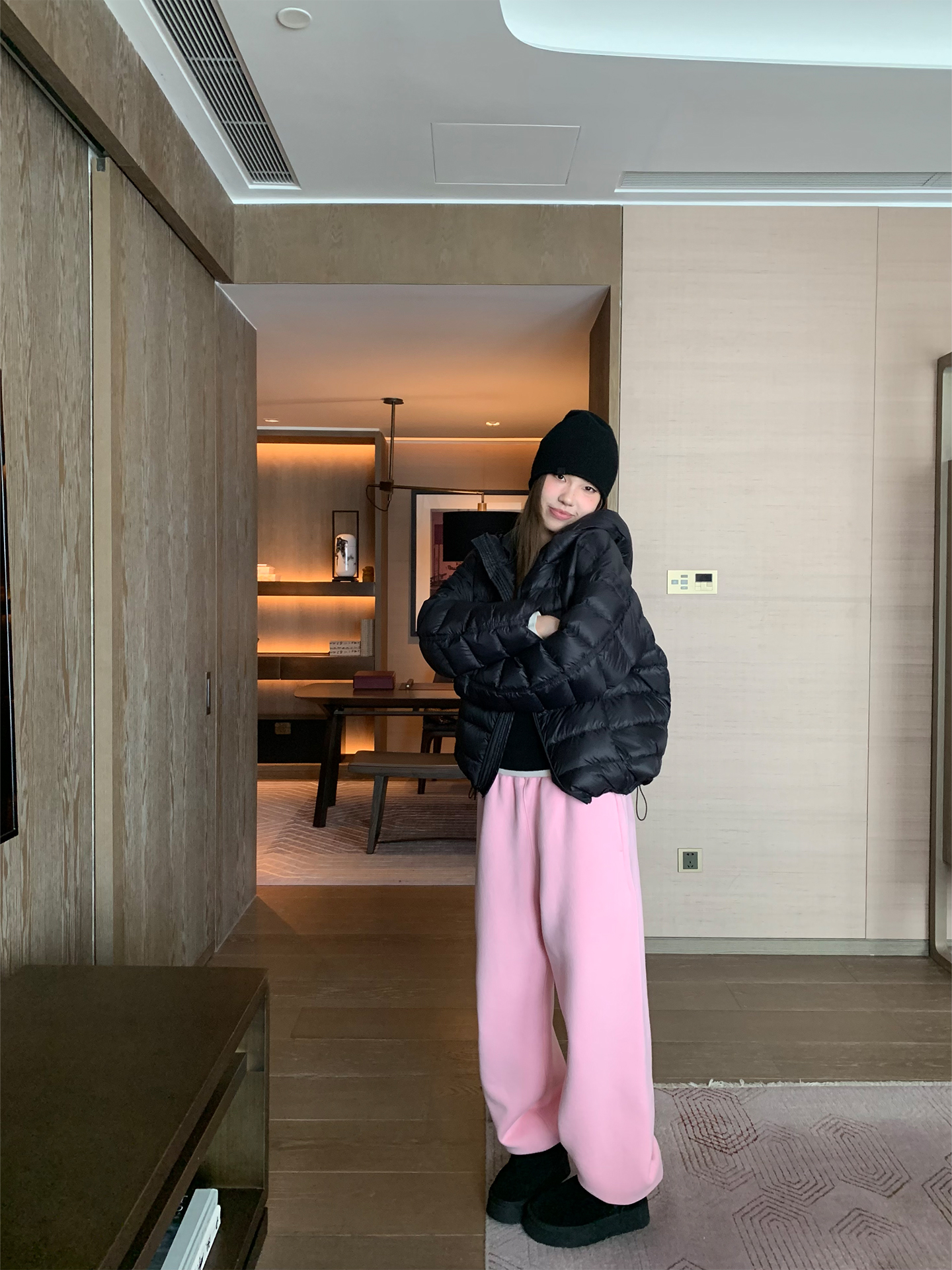 IceFront 三色休闲卫裤女冬季新款粉色保暖宽松休闲裤百搭束脚裤