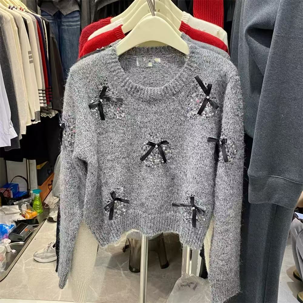 6558灰 秋冬款气质长袖蝴蝶结毛针织衫时尚百搭