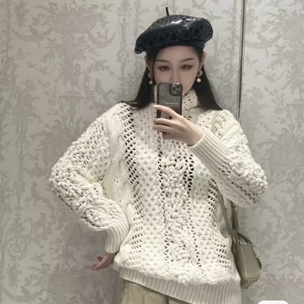 未使用 DIOR/迪奥 zz 米色绞花编织镂空针织衫/全新/016950 