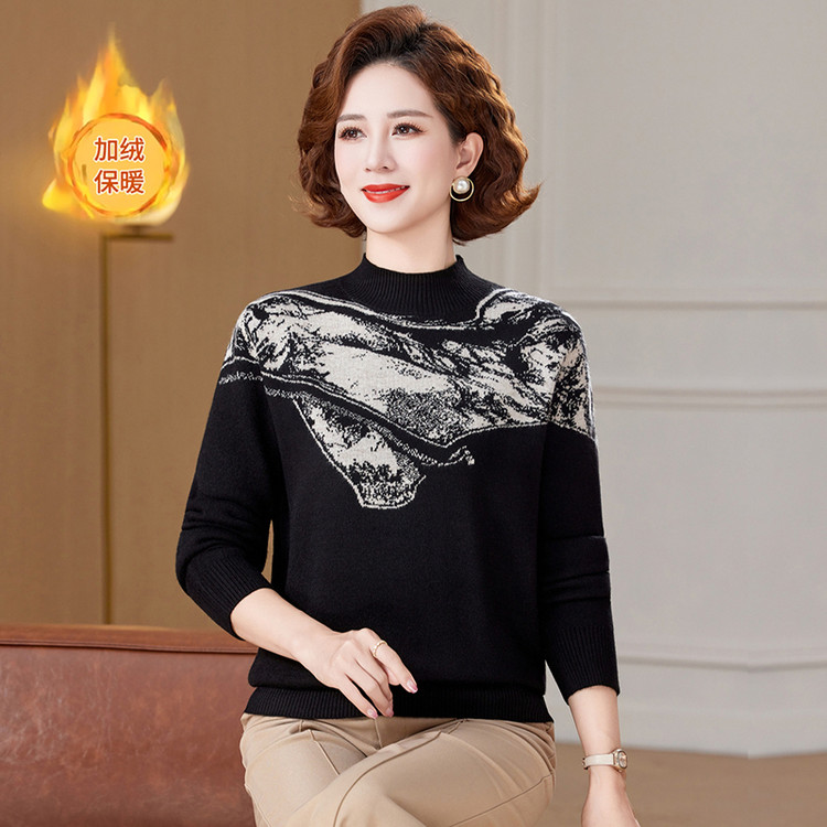 中老年女装新款保暖长袖打底衫妈妈在秋冬毛衣加绒加厚针织衫上衣