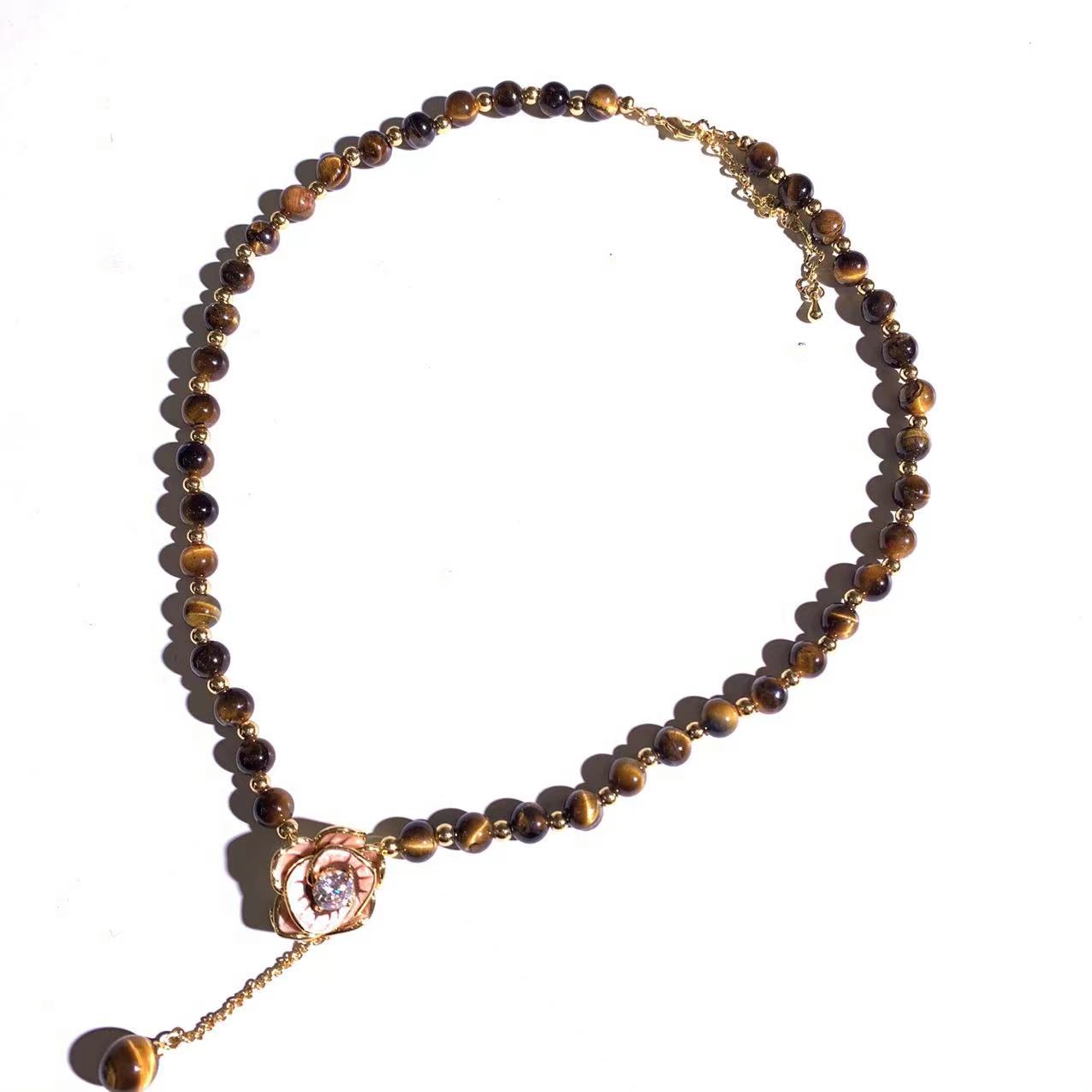 铜合金琉璃项链 咖琉璃山茶花项链T0041