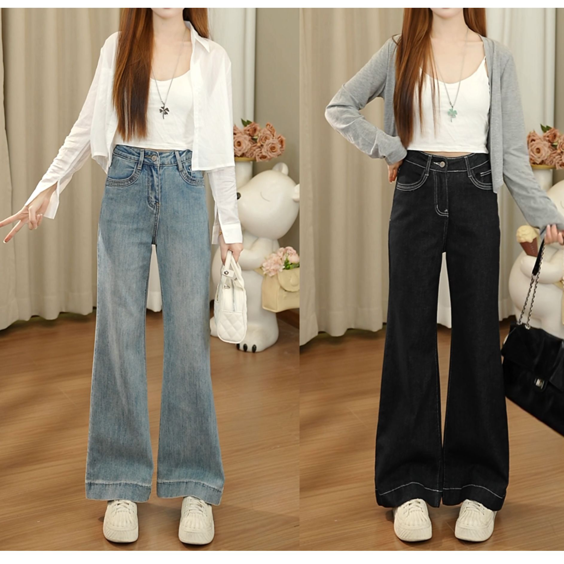 初秋小个子直筒高腰显瘦百搭微喇复古设计感牛仔裤裤子