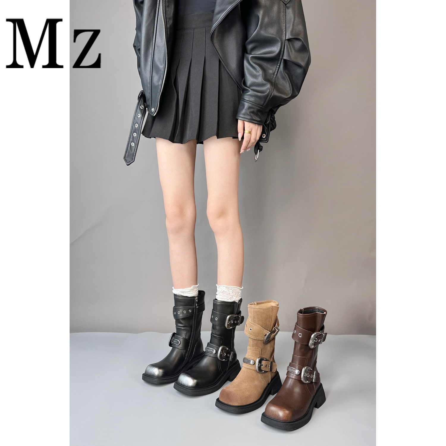Mr.Zheng/4.5cm/厚底百搭皮带扣西部牛仔短靴秋冬新款英伦风女靴