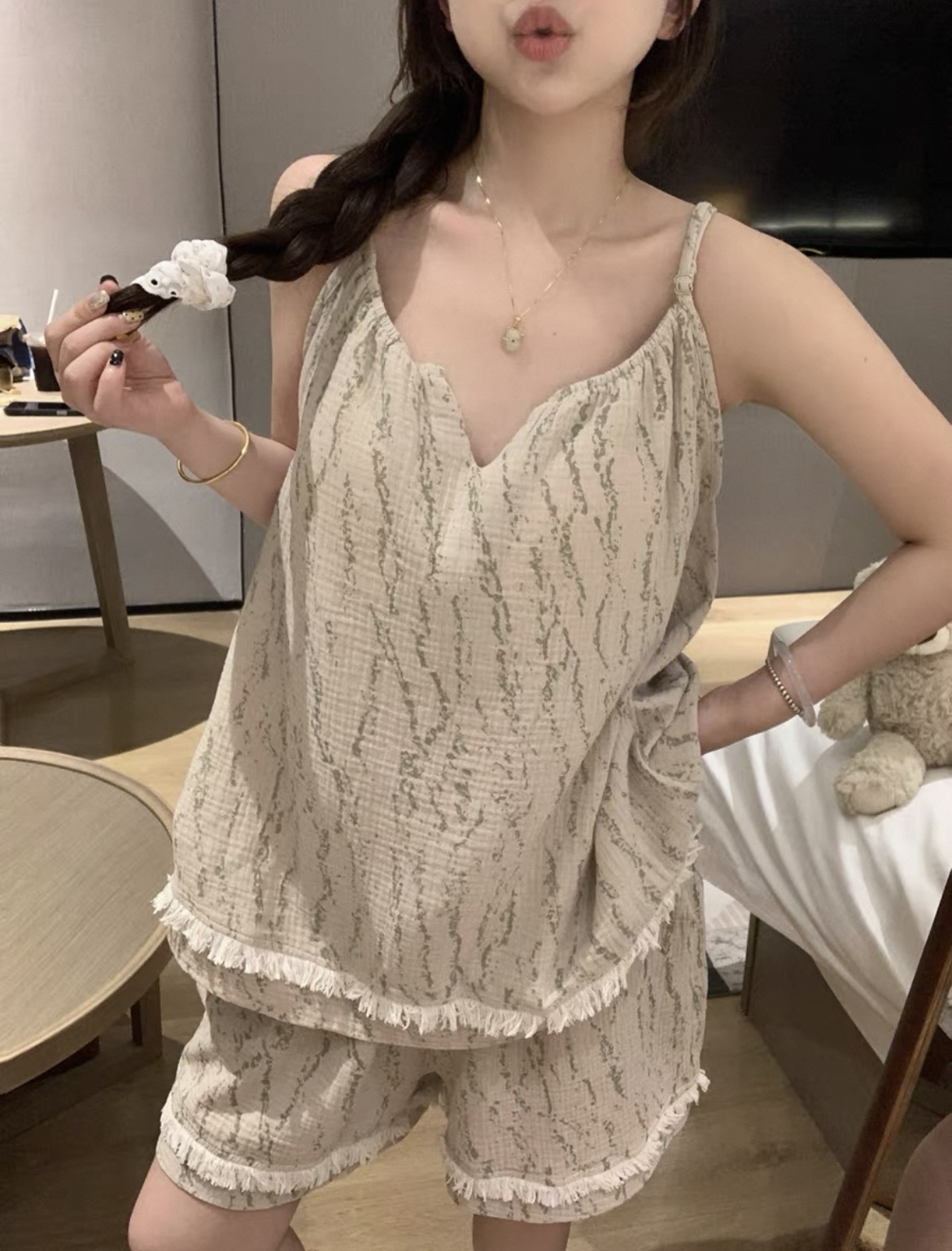 睡衣女款夏季带胸垫甜美风大码吊带短裤夏天可外穿女士家居服套装