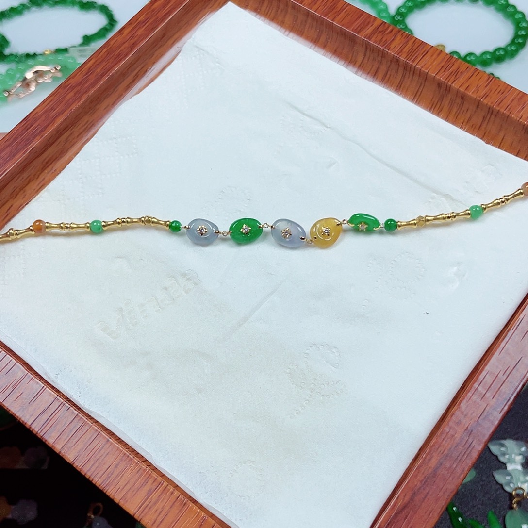 翡翠18K金镶嵌手链天然缅甸翡翠A货卡