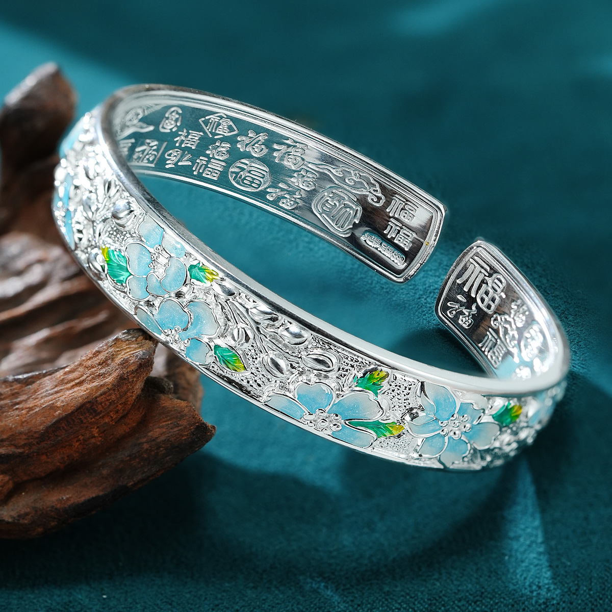 中国珠宝 足银珐琅手镯 珐琅渐变梅花百福开口手镯