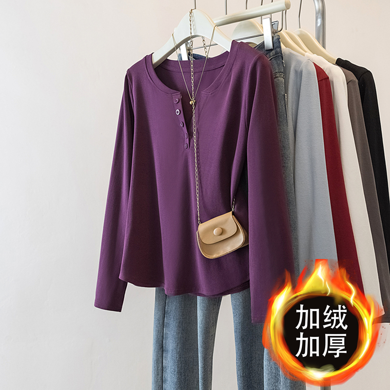 大码女装2025秋冬季新款时尚百搭宽松显瘦V领排扣长袖T恤上衣2153