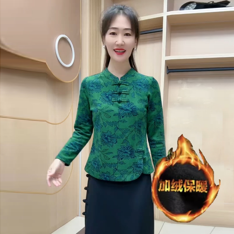 秋冬中老年妈妈上衣弹力德绒立领大码改良旗袍加绒加厚保暖打底衫
