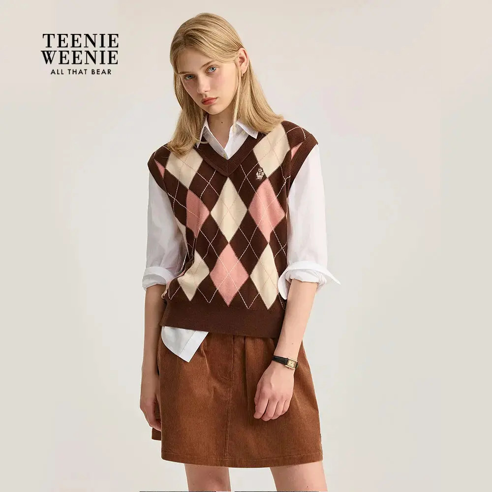 TeenieWeenie小熊毛针织衫25秋新款菱形格毛衣背心女TTKN254902P