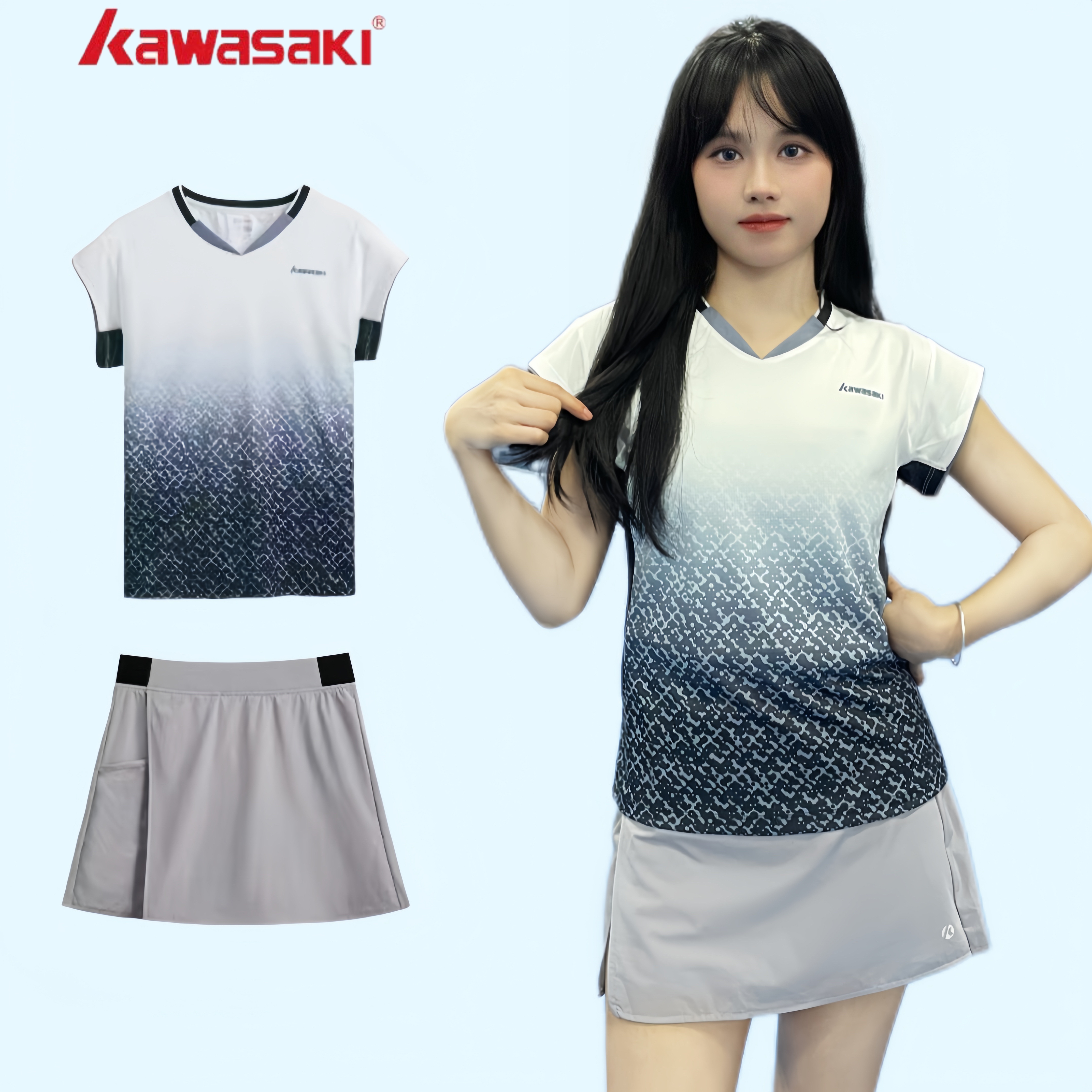kawasaki/川崎新款羽毛球服女士运动T恤透气吸汗速干短袖短裙套装