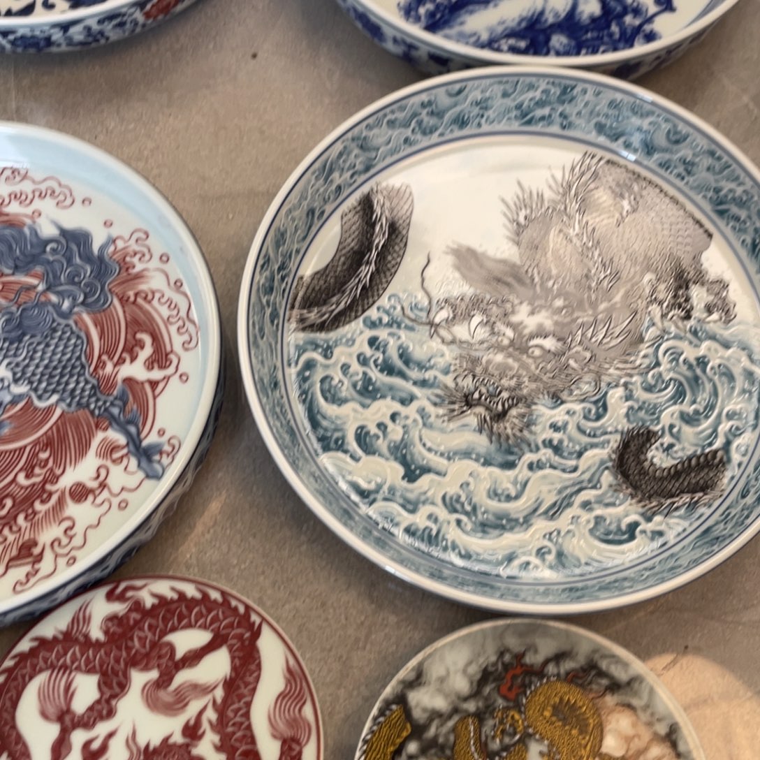 瓷片景德镇蓝墨龙游海大壶承
