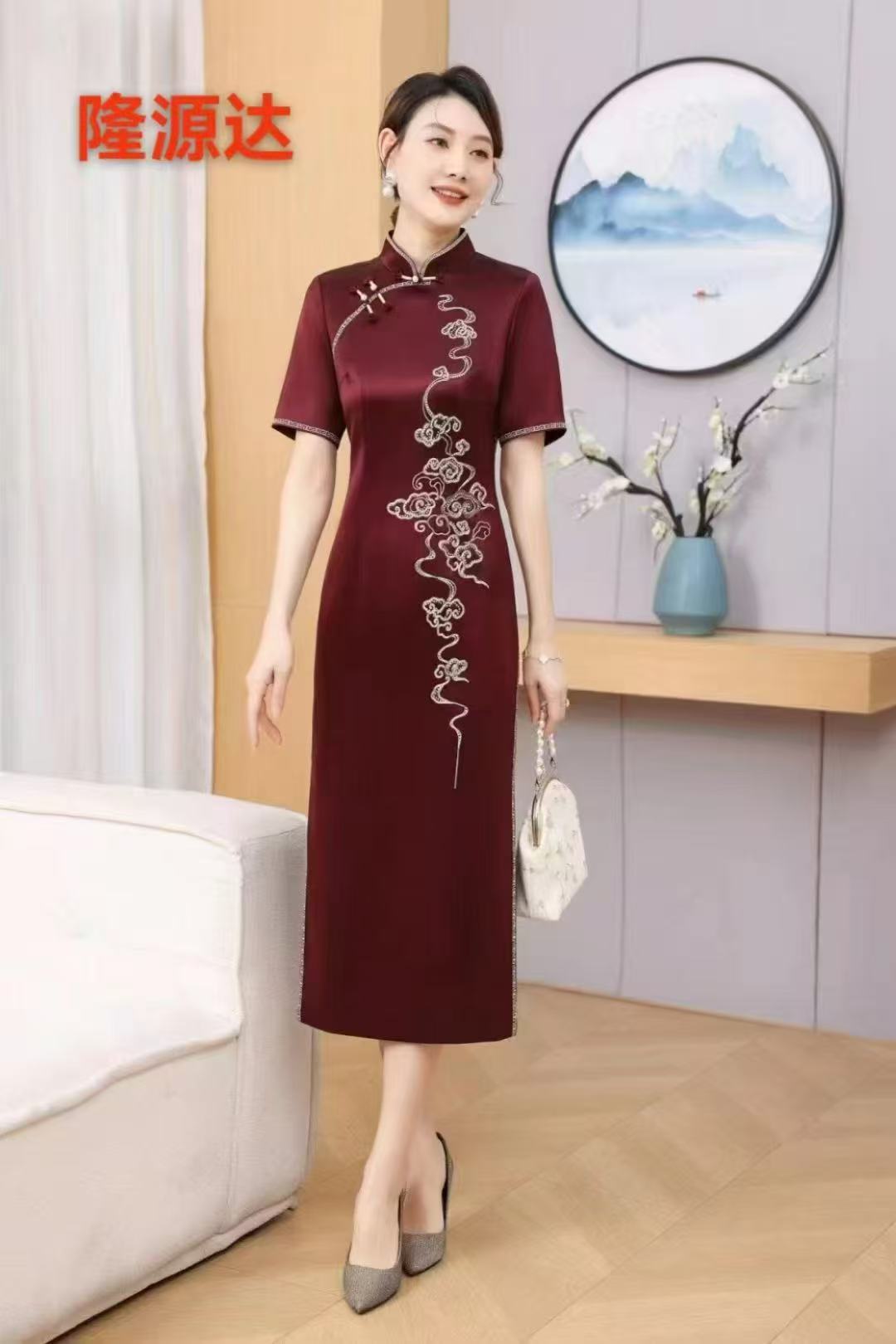 纯色显瘦中国风刺绣夏季婚礼旗袍一粒扣单旗袍复古02
