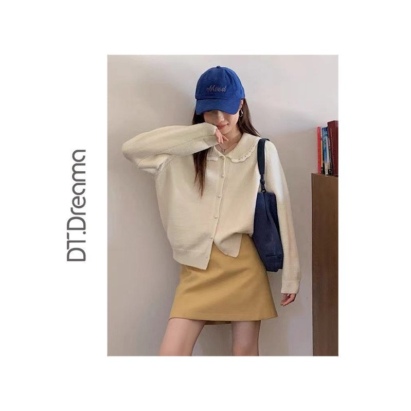 秋新款韩系甜美花边娃娃领针织开衫女宽松减龄软糯毛衣外套上衣