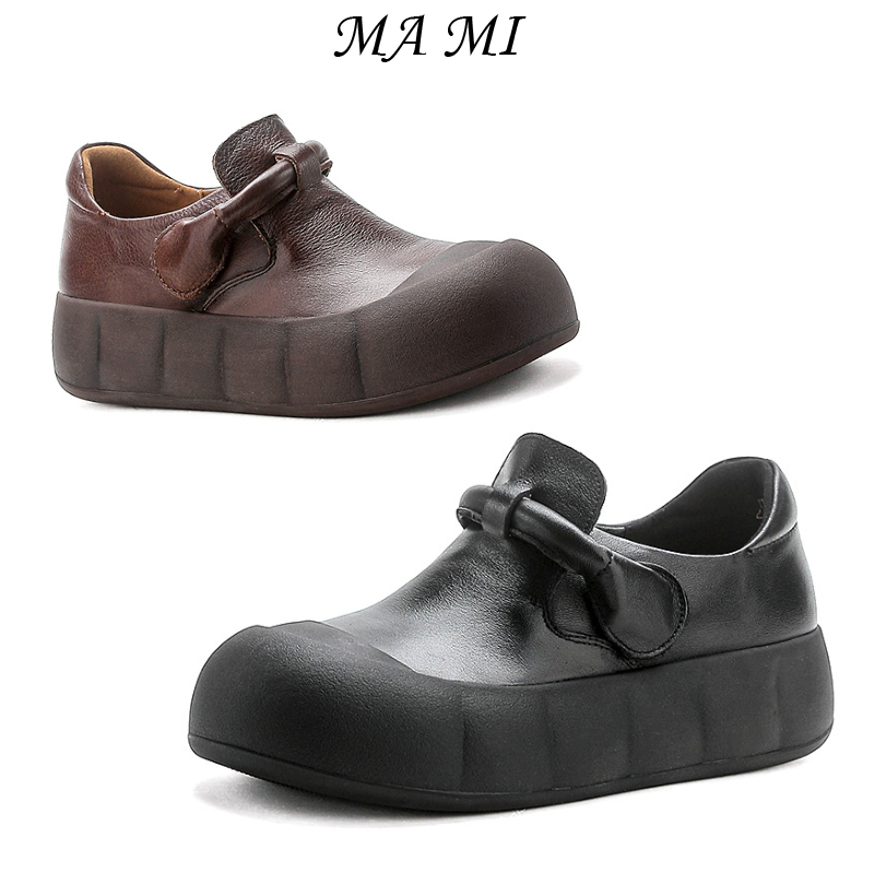 【MAMI】真皮复古魔术贴小皮鞋新款英伦搭扣厚底乐福鞋头层牛皮单鞋