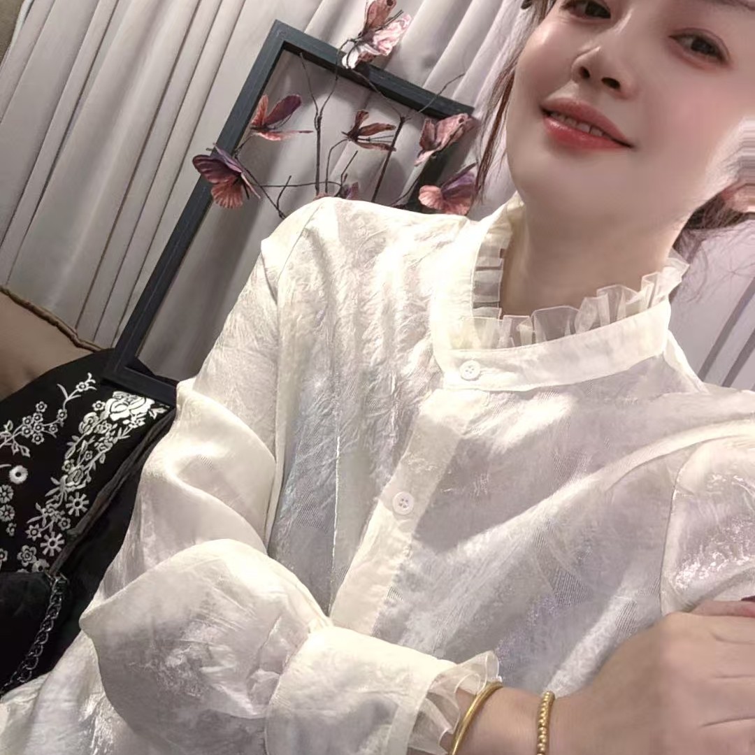 褶皱花边领微喇长袖衬衫女2025新款秋季独特漂亮遮肚子小衫上衣
