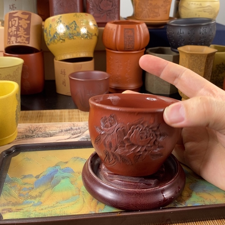 紫砂茶杯牡丹花主人杯