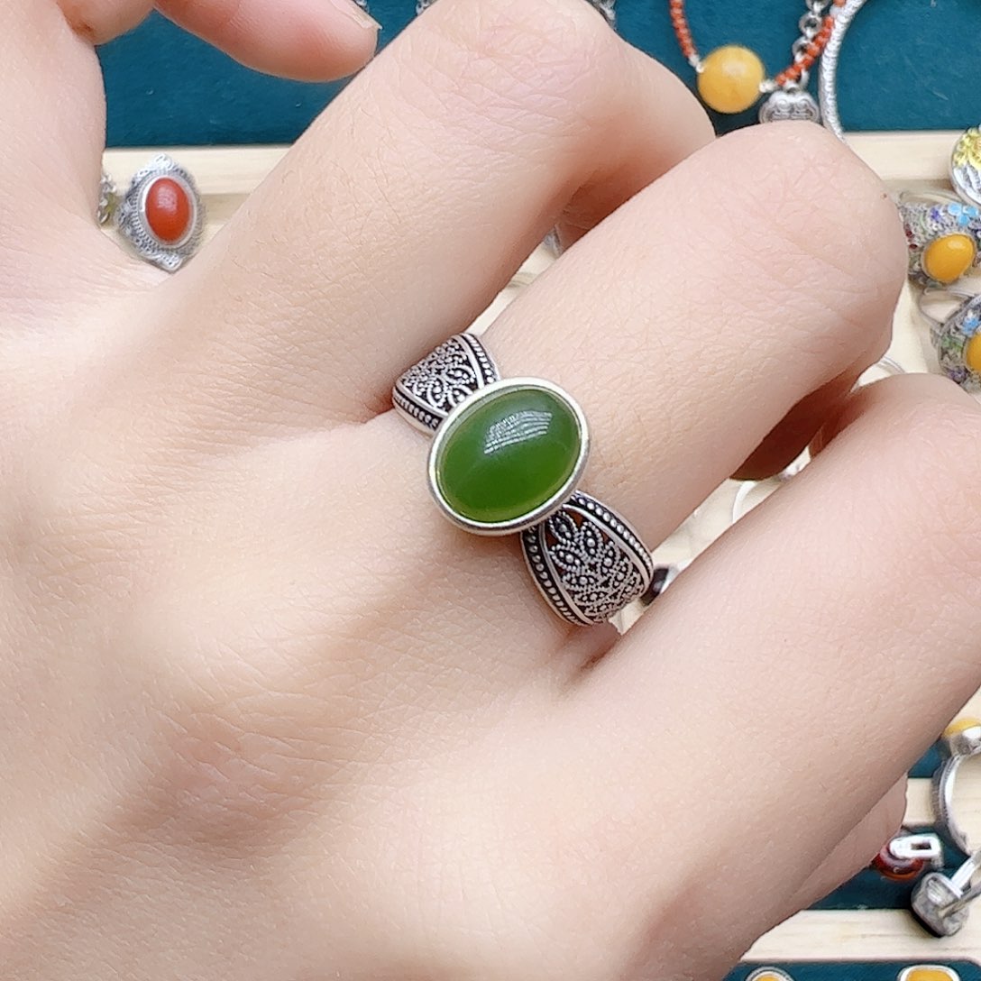 和田玉（碧玉）戒指银S925镶嵌