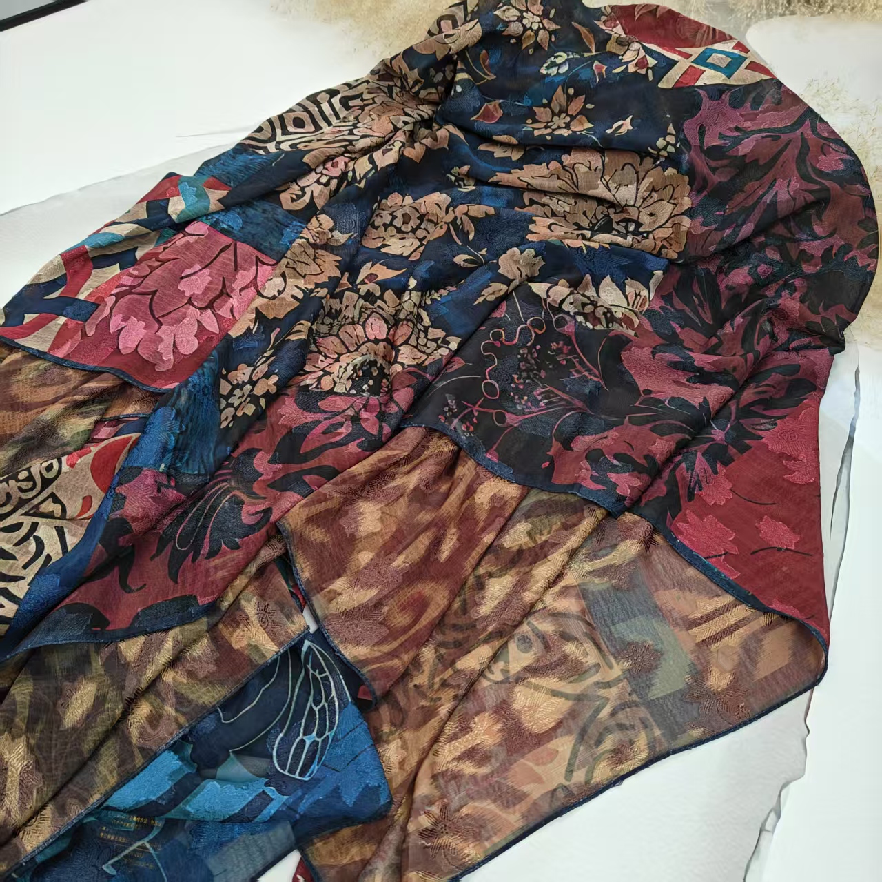 热款【叶语】140*140重磅香云烧花高货重磅国风高端丝巾-M6