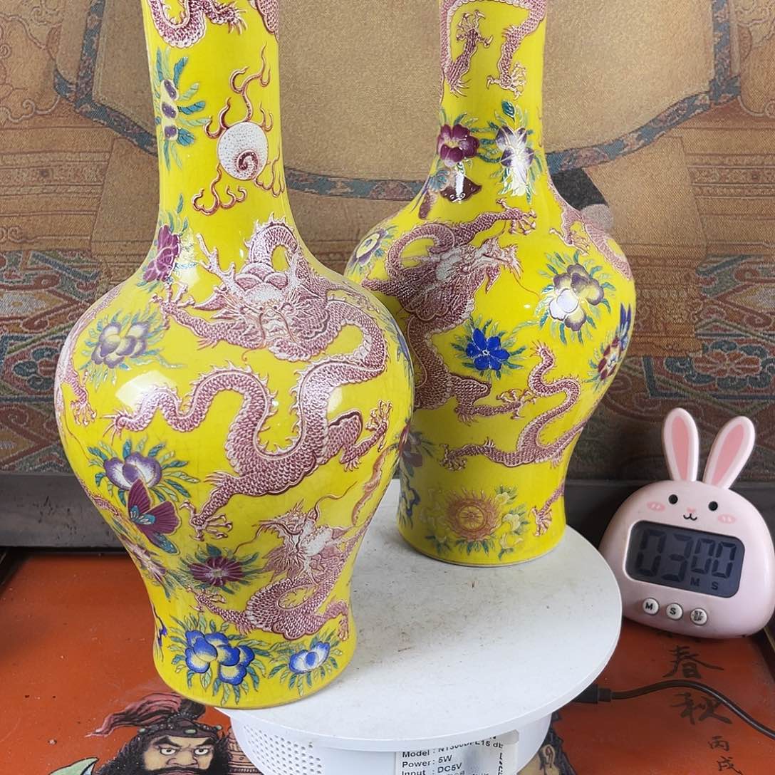 摆件土***菜黄龙纹一对摇铃瓶11