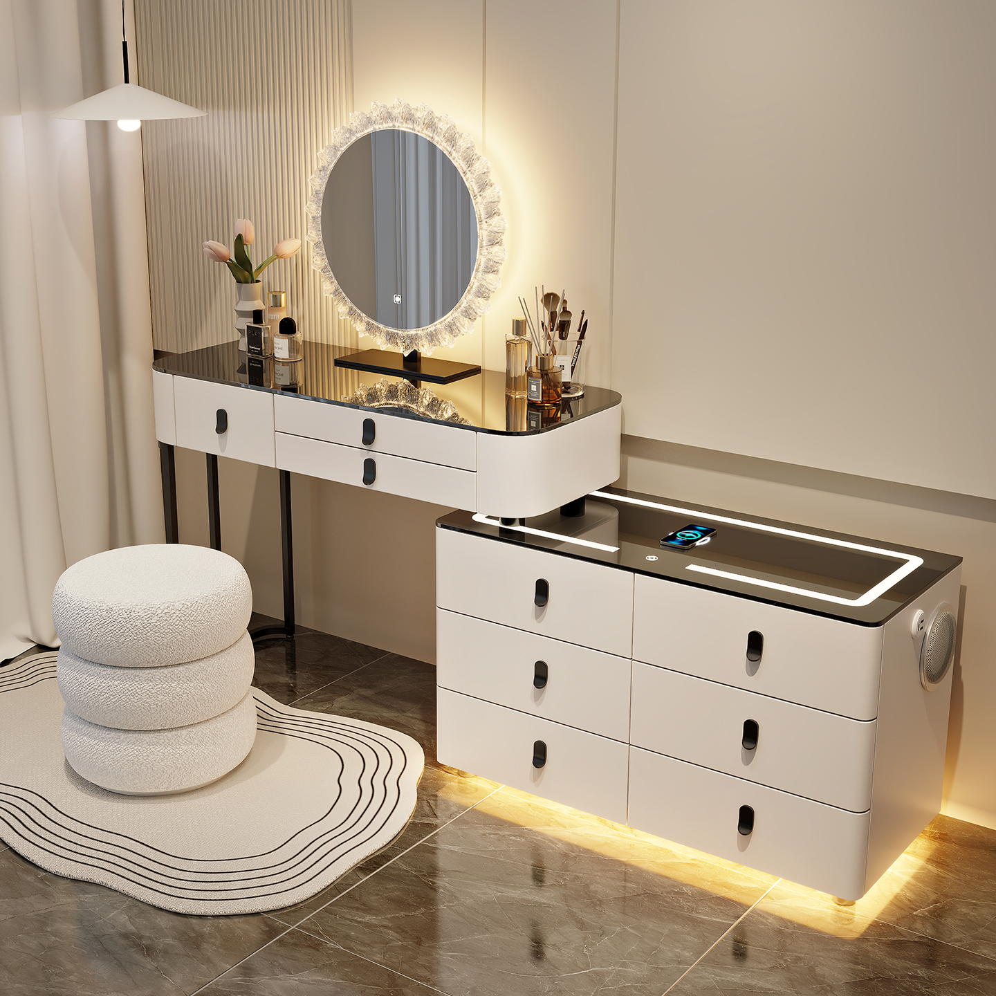 新款实木智能梳妆台现代简约奶油风转角化妆桌斗柜一体2025新款桌