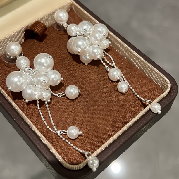 非金属耳饰 法式优雅仿珍珠葡萄串珠长流苏耳环