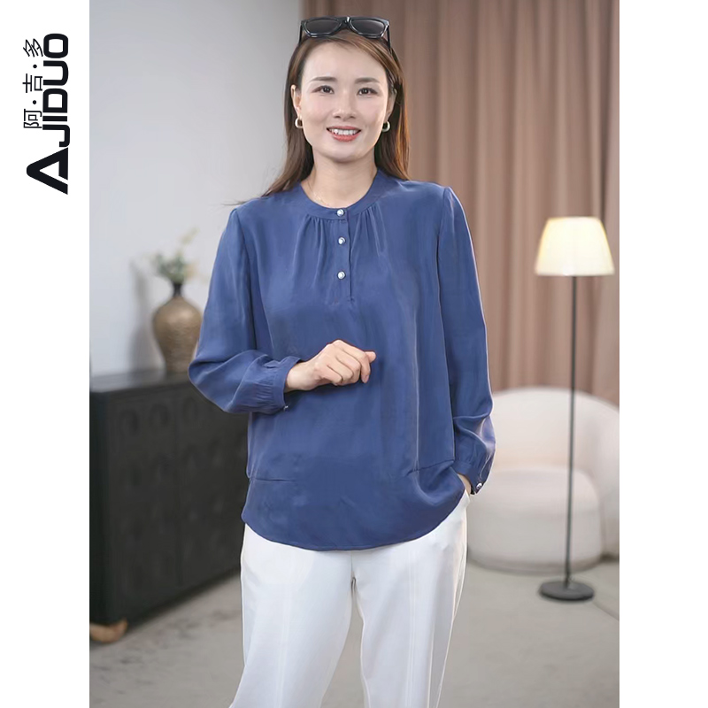 阿吉多A21073铜氨丝圆领衬衫女2025春季新款气质减龄小衫凉感上衣