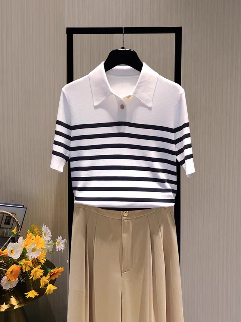 【商场同款】25夏季新款女装翻领拼色针织衫polo领条纹短袖t恤上衣