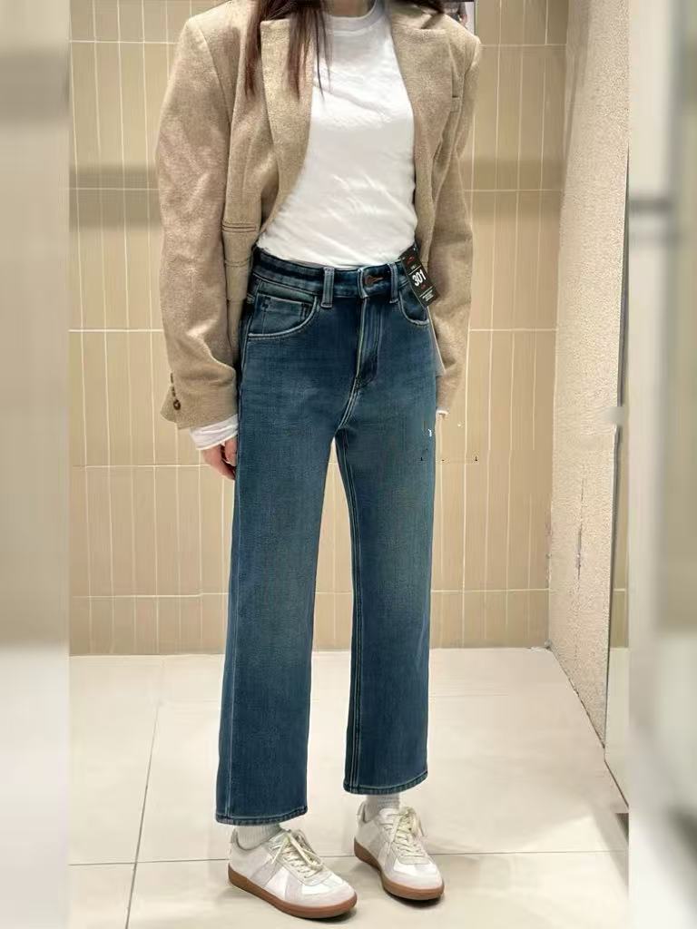 SU【350】代D  愫草  牛仔裤女2025冬加绒加厚高腰九分法棍裤