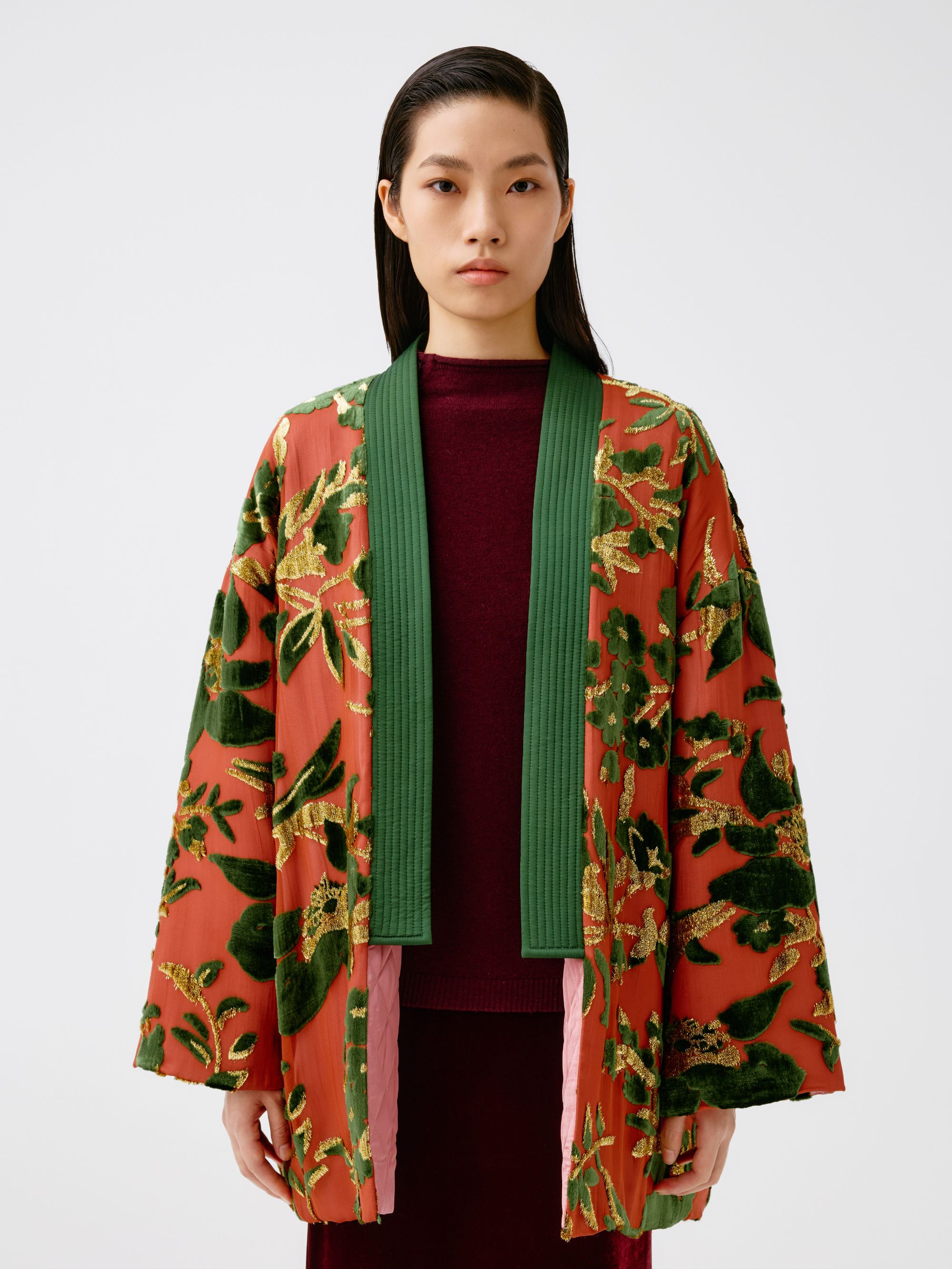 【张羽推荐】LAMAISONJADE玉琼2025秋冬交领红咖色烧花棉服J25A0132