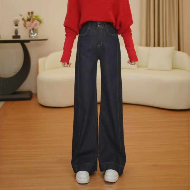 2386#丹宁蓝弹力高腰丹宁风牛仔裤百搭秋季宽松简约显瘦直筒长裤