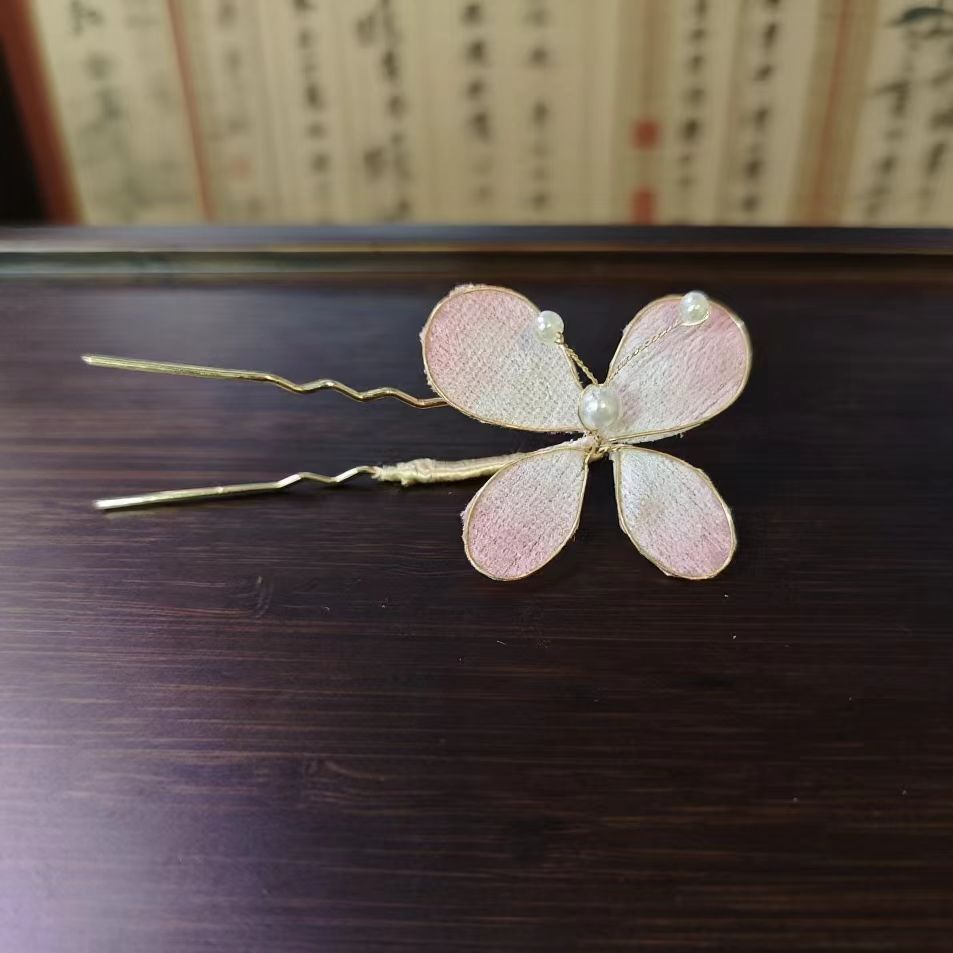 云鬓花古风饰品古装发饰非遗绒面发钗 粉绒蝶影 仙气汉服头饰B240