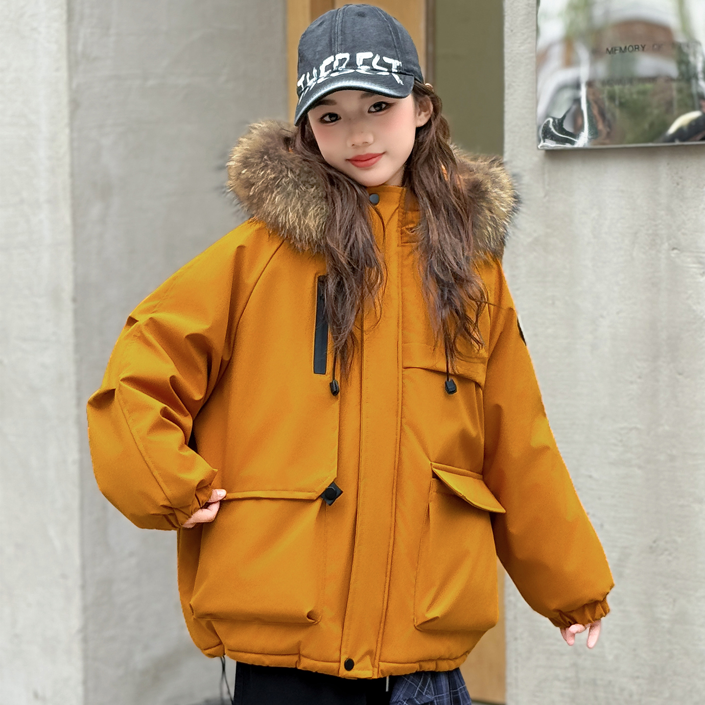 女中大童秋冬加绒加厚外套工装风外套棉服冬季洋气潮流款外套韩版