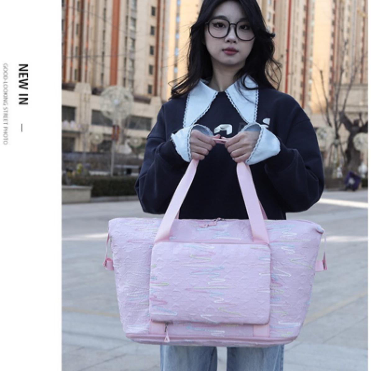 健身包女多功能纯色几何图案轻便可收纳女款旅行包便携网红手提款
