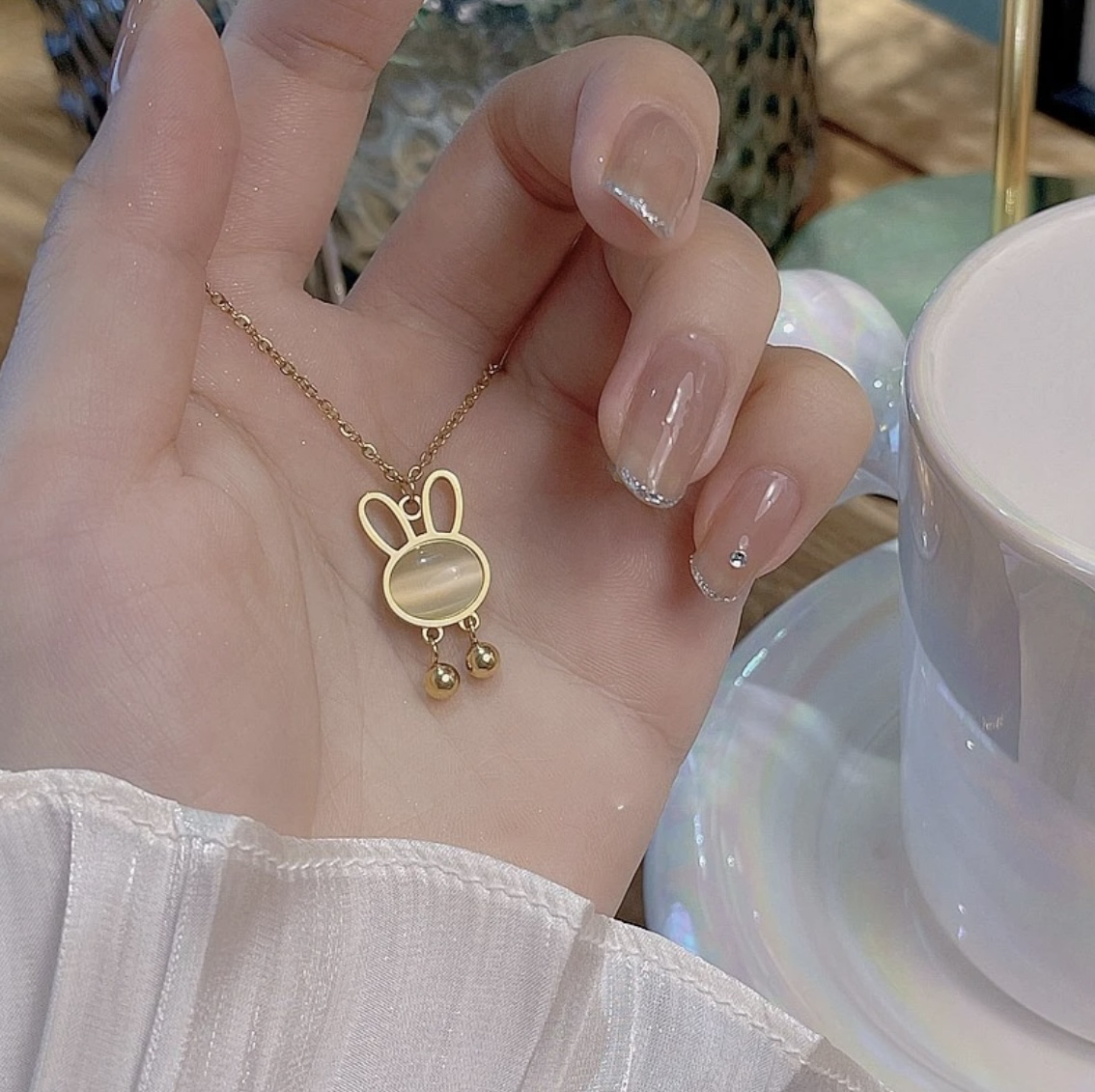 钛钢吊坠 4854甜美轻奢猫猫石小兔子可爱项链吊坠女百搭毛衣链