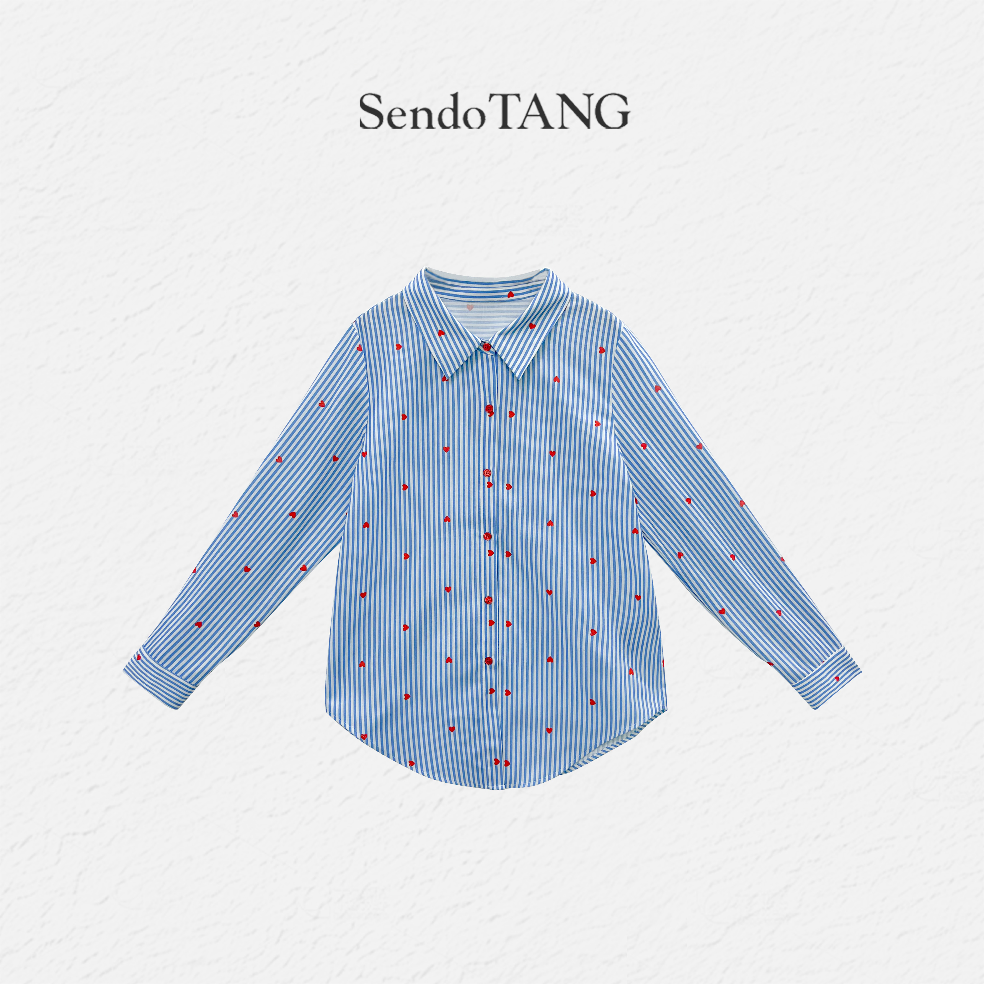 蓝色条纹长袖衬衫胖多女装新款爱心设计感宽松上衣【蓝嫣】