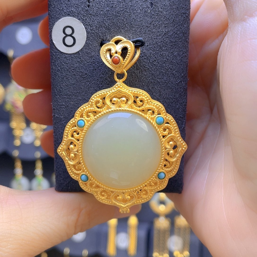 和田玉颈饰银S925镀金镶嵌