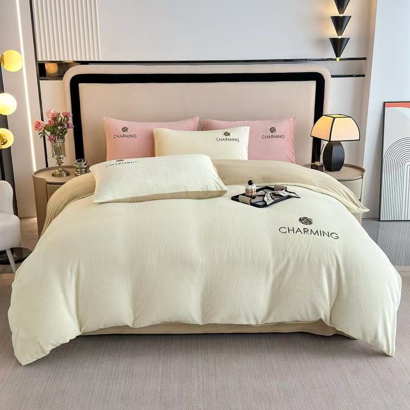 简约风牛奶绒刺绣被罩单件秋冬季加厚绒毛被套四件套法兰绒床笠款