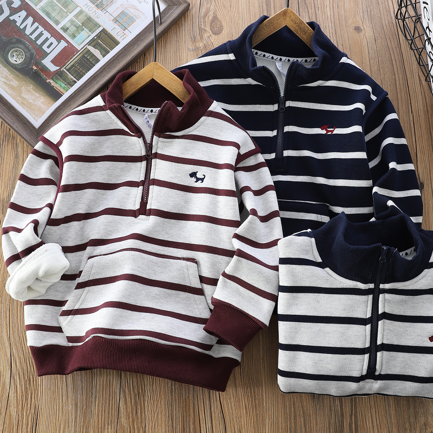 儿童半拉链卫衣中大童加绒加厚条纹上衣儿童半高领卫衣