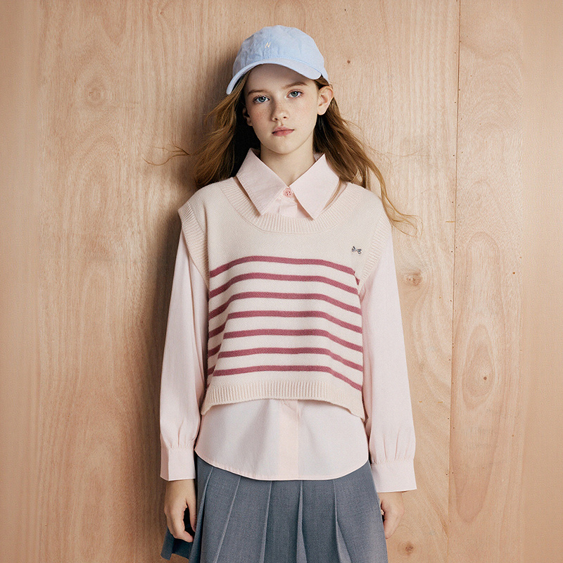 笛莎女童春秋学院风套装中大童洋气针织背心衬衫两件套-83243T311