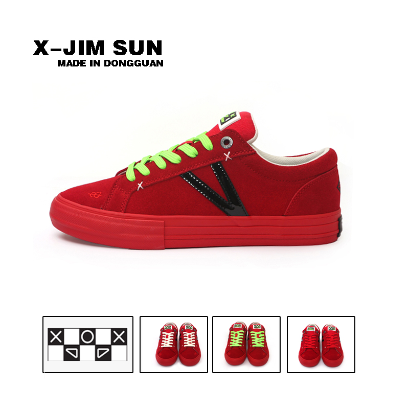 击上滑板鞋中国红德训板鞋红色学生拼接黑色荧光绿系带情侣ins