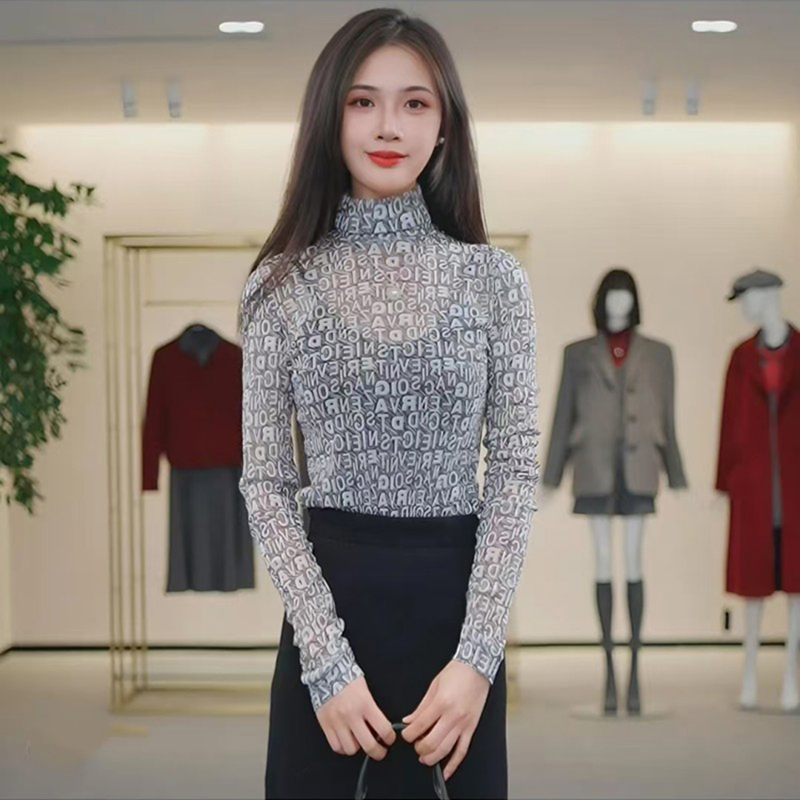 商城同款2025年新款长袖网纱透视T恤亲肤印花上衣薄款女1300237
