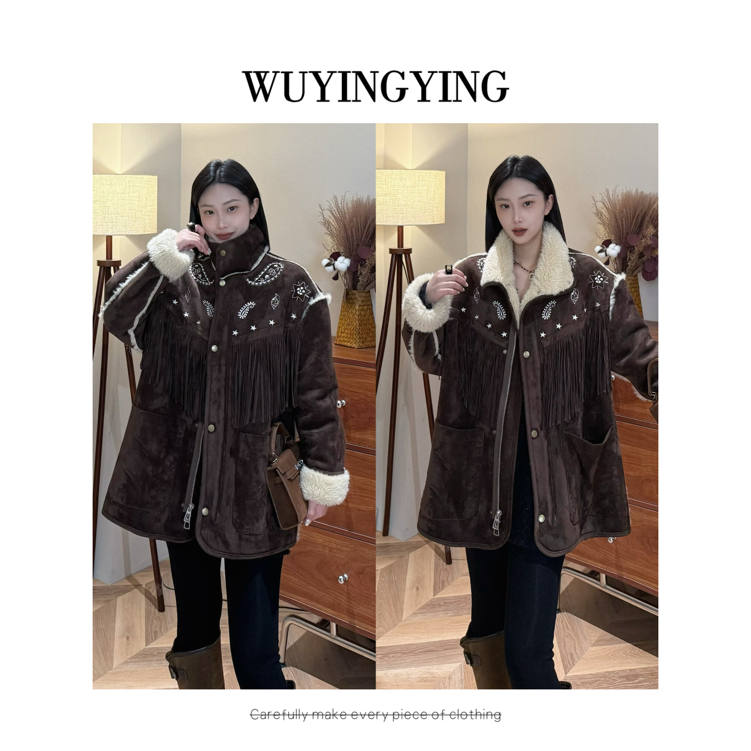  WUYINGYING【北岛初雪】欧货高品重工毛毛拼接设计时尚外套
