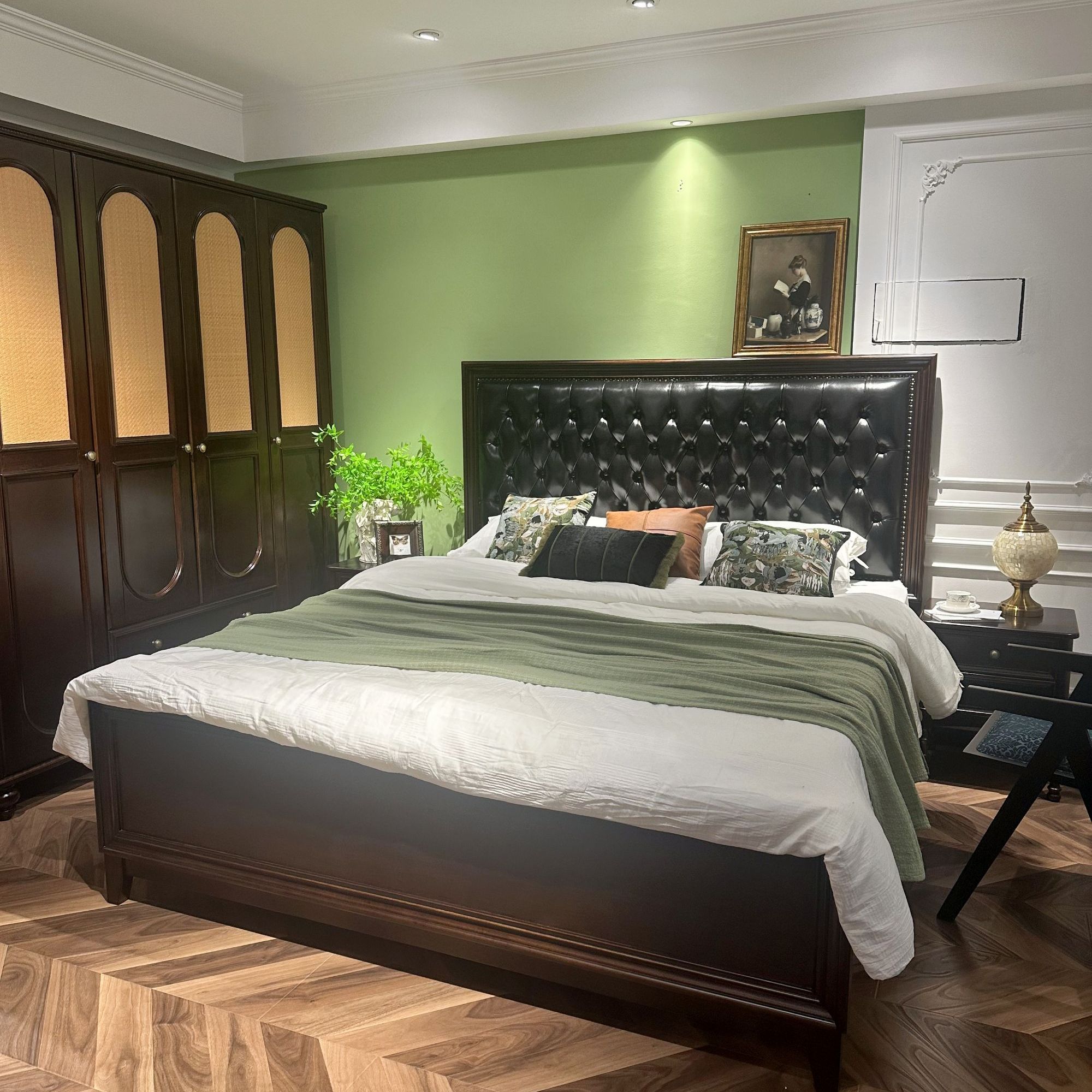 法式中古风黑色真皮床卧室小牛皮双人复古床高级感主卧床