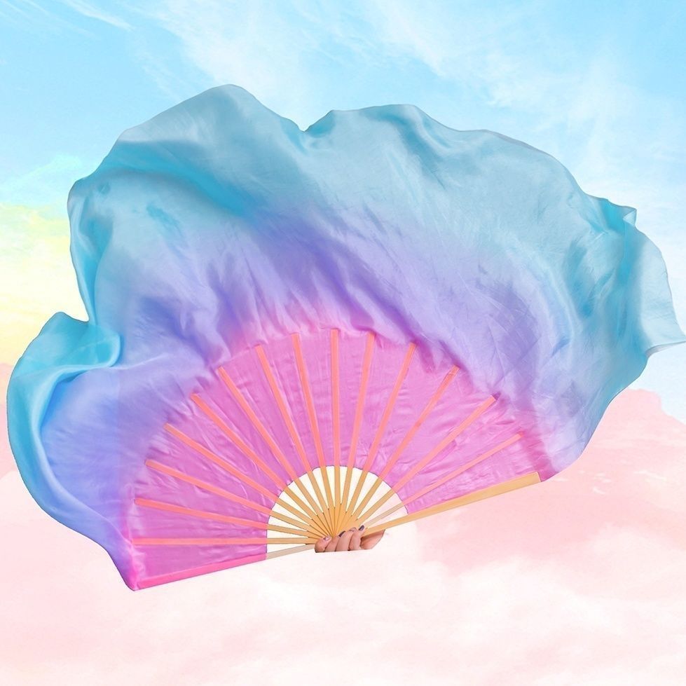 舞蹈扇子仿真丝梦幻粉紫蓝渐变古典舞绸扇胶州秧歌中国风舞蹈扇