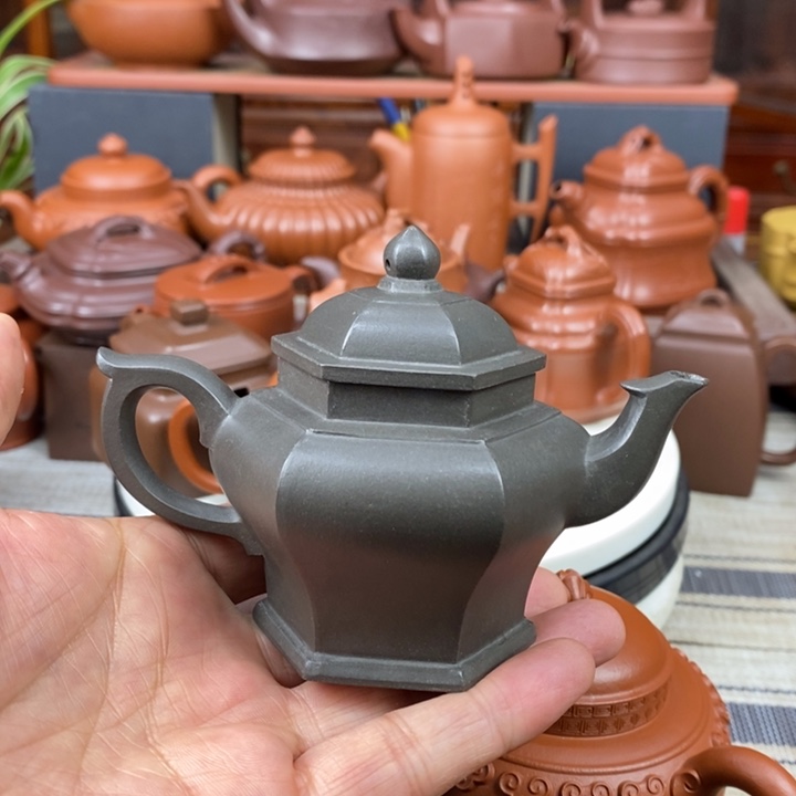 紫砂茶壶六方宫灯100cc原矿老天青紫砂特价