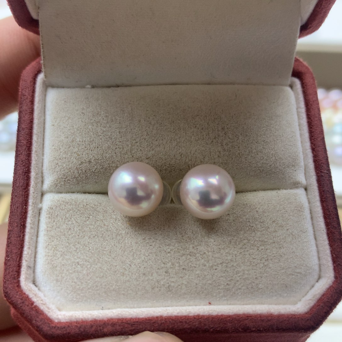海水珍珠耳饰18K金镶嵌8.5-9akoya素钉
