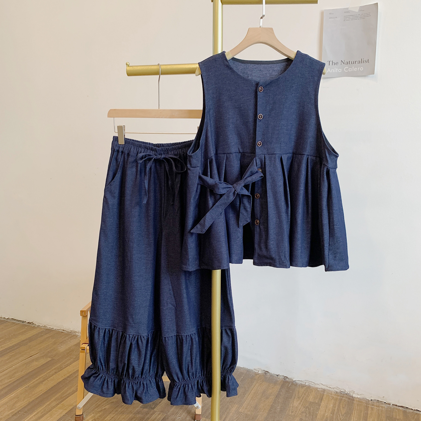 C4601腰侧系带圆领马甲松紧腰系带阔腿裤套装