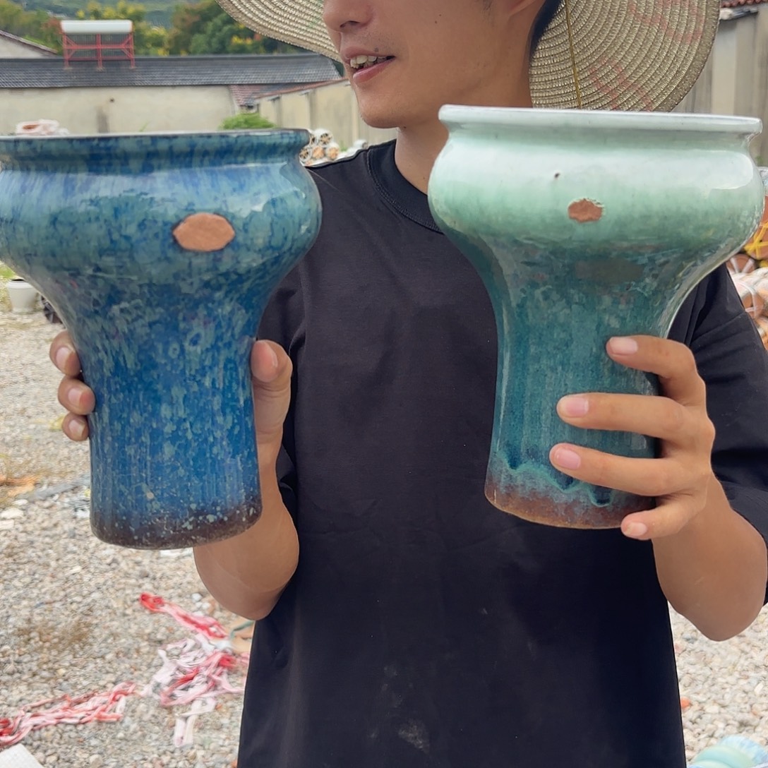 紫砂花盆蓝绿火锅瑕疵两个口径15*20