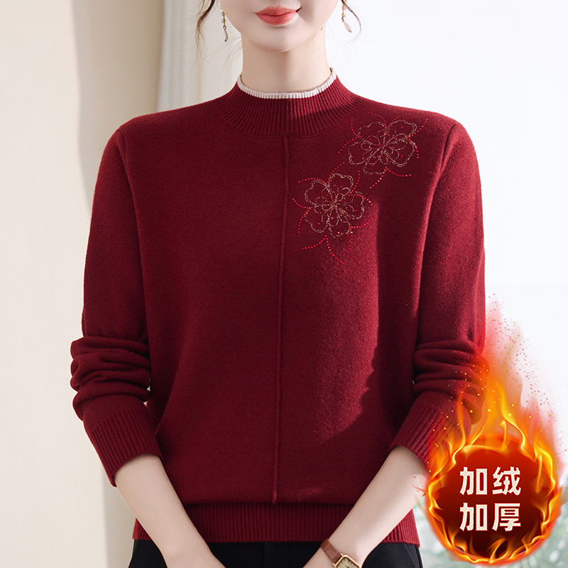 加绒加厚打底衫女秋冬一体绒上衣2025新款洋气时尚妈妈毛衣25287