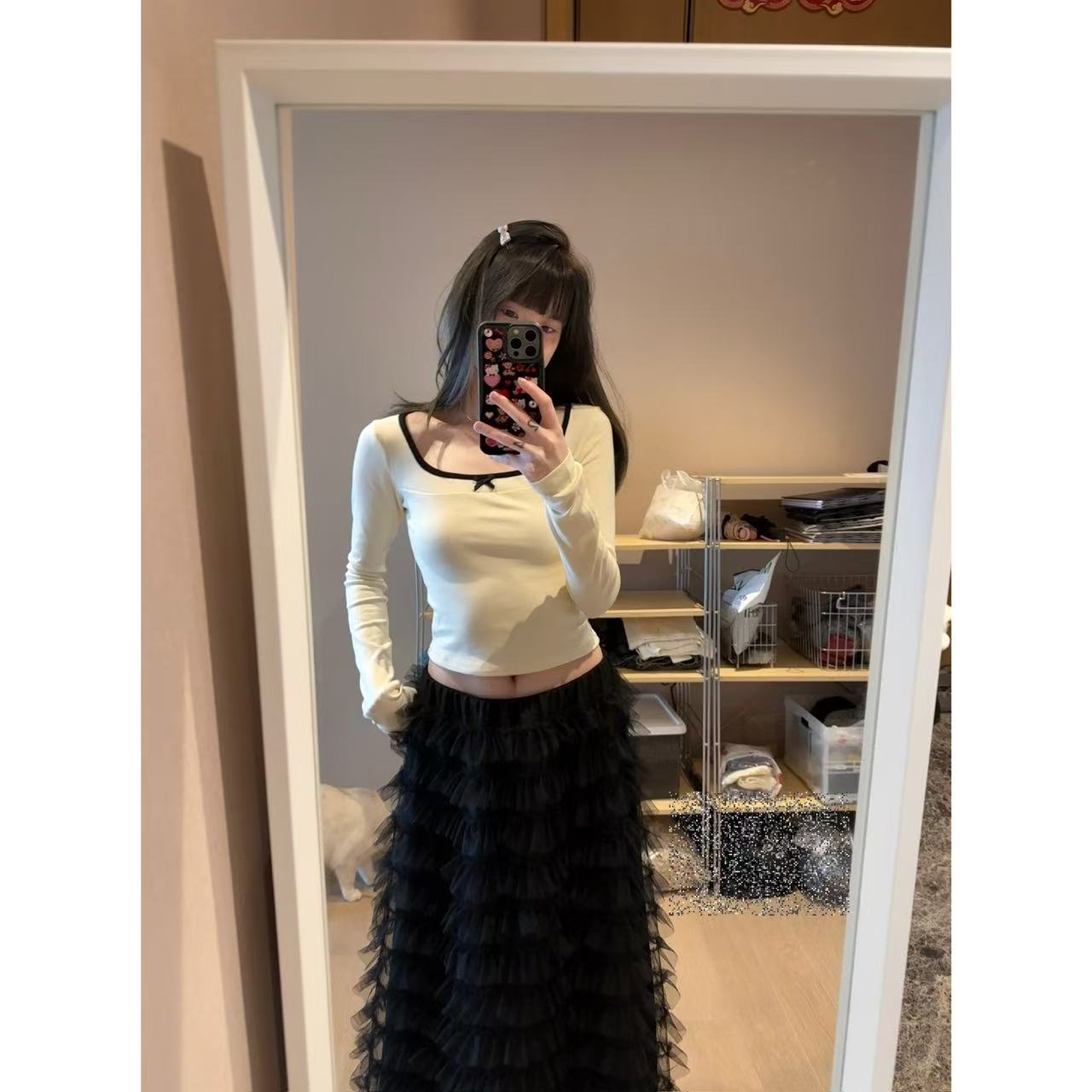 蘑糯糯【特价款】奶黄色/黑色长袖打底上衣   4016-0118